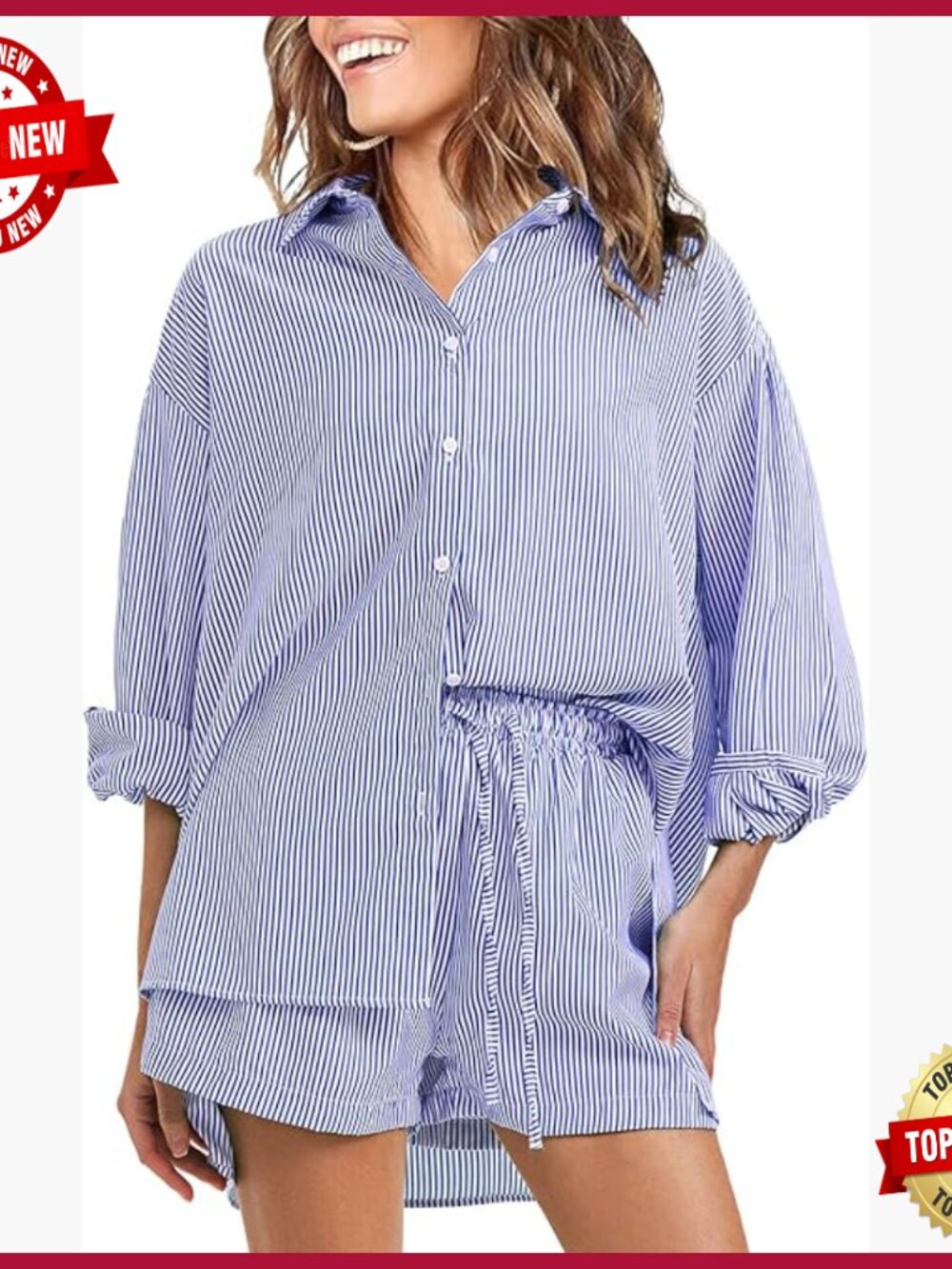 Women's 2-Piece Set Long Sleeve Button Down Shirt Matching Shorts Summer Outfit